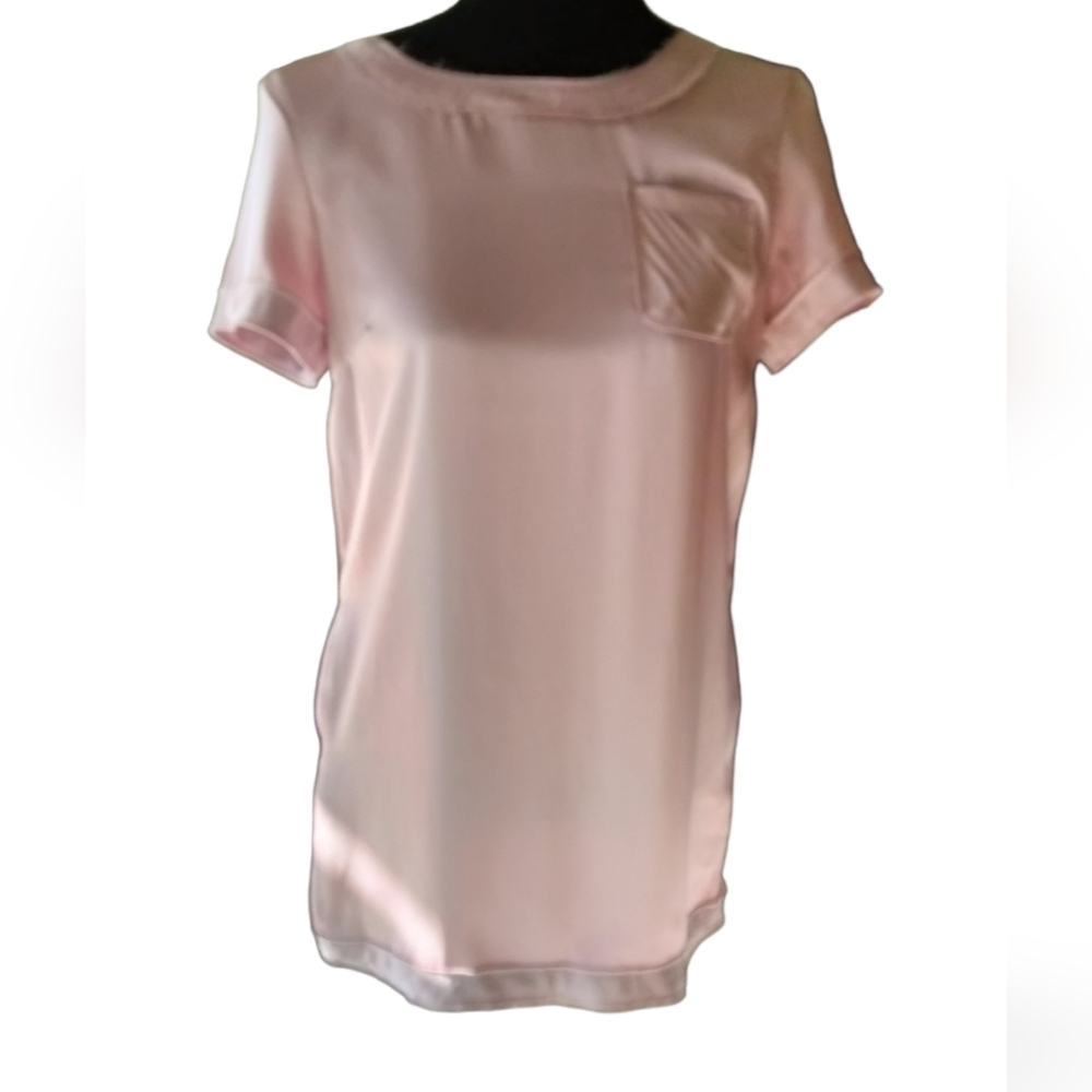 Women She Said Pink Short Sleeve Front Pocket Satin Silky Top Shirt Tee Blouse S